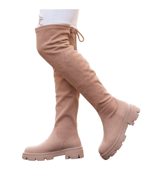 Wysokie zamszowe kozaki z łańcuchem Khaki /A5-1 12724 T707/