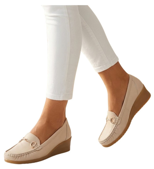 Beżowe czółenka oxfordy na koturnie /C4-3 14625 T427/