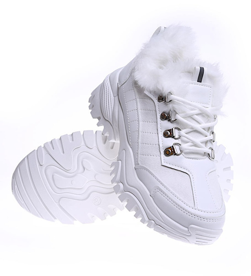Białe ocieplane trampki sneakersy na koturnie D9-3 15206 T695