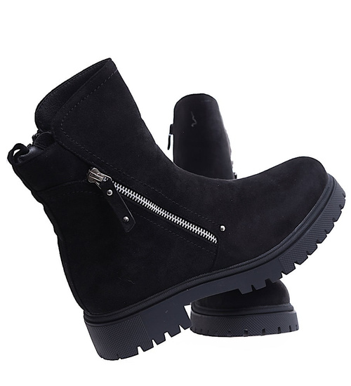 Zimowe zamszowe czarne botki na klocku /E5-1 15378 T533/