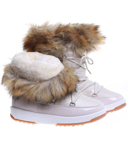 Grubo ocieplane beżowe śniegowce damskie na z futerkiem /E1-3 15399 T434/