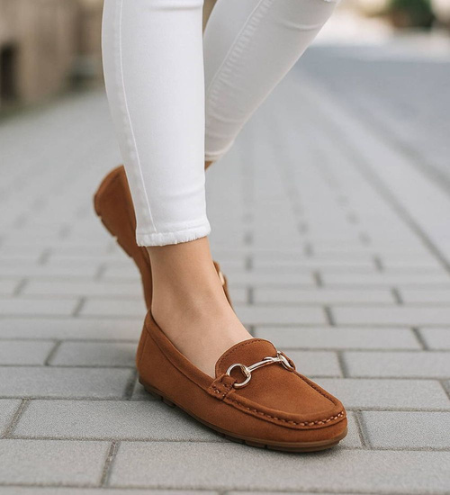 Zamszowe karmelowe baleriny lordsy z ozdobą /H2 18474 W9-84/