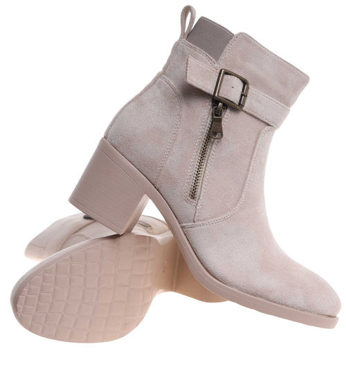 Beżowe ocieplane botki damskie na obcasie /E4-2 18379 W381/