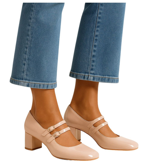 Beżowe czółenka na niskim obcasie z paskami /C7-2 17521  W182/