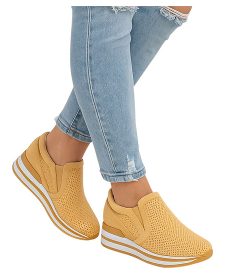 Ażurowe żółte sneakersy na koturnie /G5-3 18046 T183/