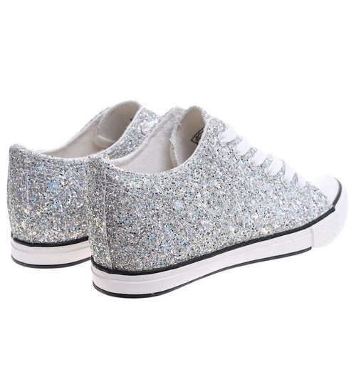 Srebrne trampki sneakersy na niskim koturnie /J4-2 16611 T094/