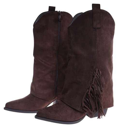 Krótkie czekoladowe kozaki boho na obcasie /B6-2 18580 G688/