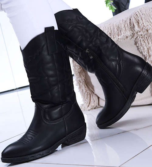 Damskie czarne kowbojki ocieplane na niskim obcasie /F3-2 14818 S296/ Damskie czarne kowbojki ocieplane na niskim obcasie /F3-2 14818 S296/