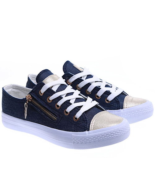 Sznurowane granatowe trampki ze złotymi noskami /F10-3 15805  T133/