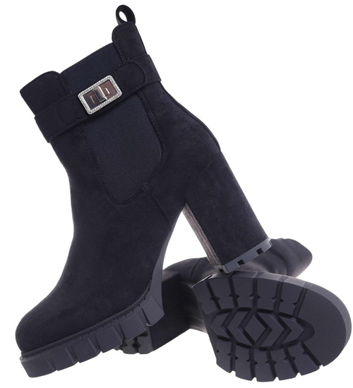 Czarne botki damskie na obcasie słupku /F7-2 18298 T388/