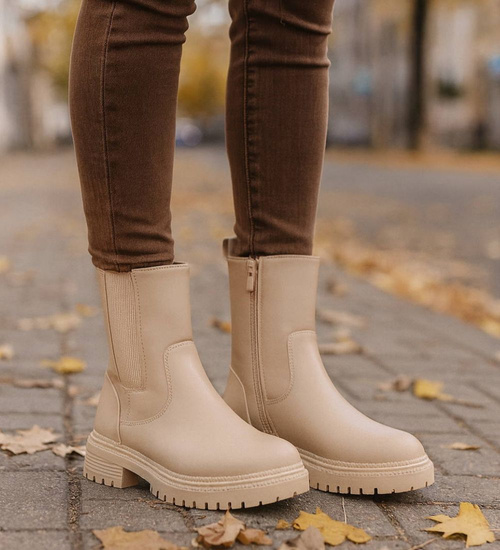 Beżowe botki damskie z ociepleniem /A4-2 18501 T238/