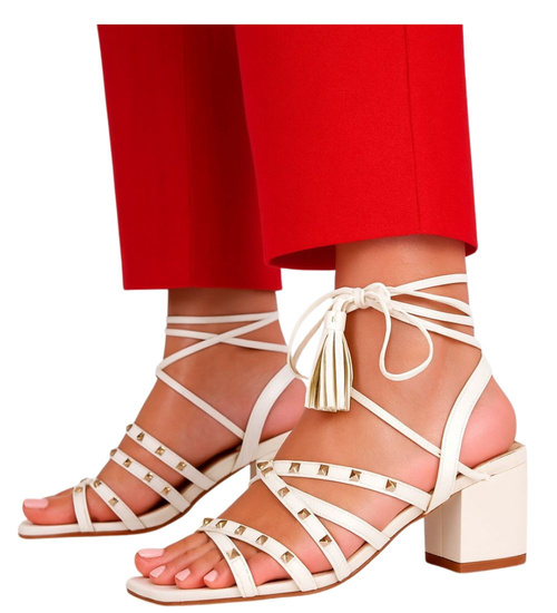 Beżowe sandały na grubym obcasie Lace up /G1-3 16178 G132/