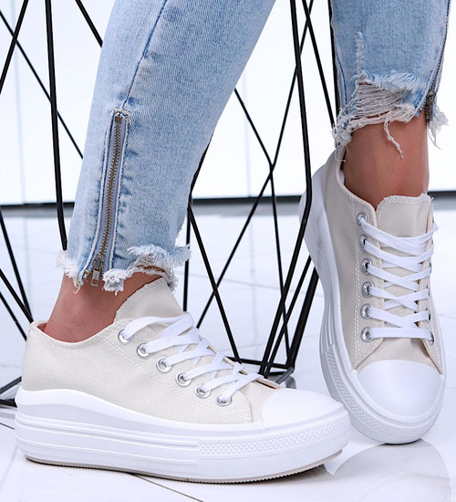 Beżowe wiązane damskie trampki na platformie /A1-3 15904 G158/