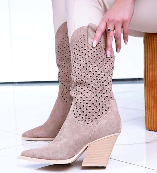 Ażurowe kowbojki na słupku Khaki /D6-2 14974 T834/ Ażurowe kowbojki na słupku Khaki /D6-2 14974 T834/