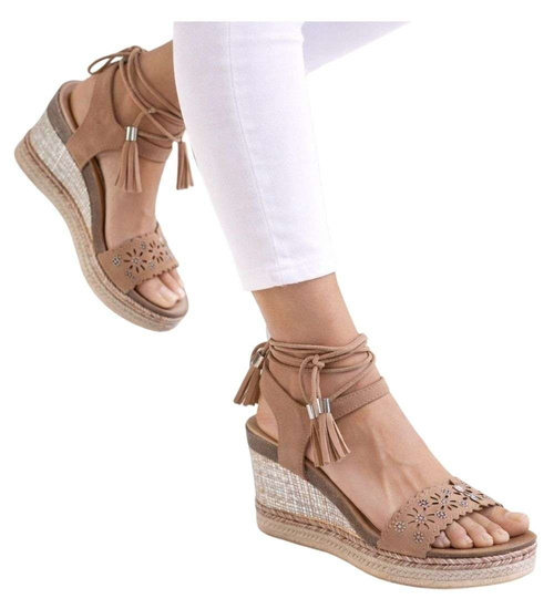 Sandały na koturnie i platformie karmelowe /D8-3 14057 S291/