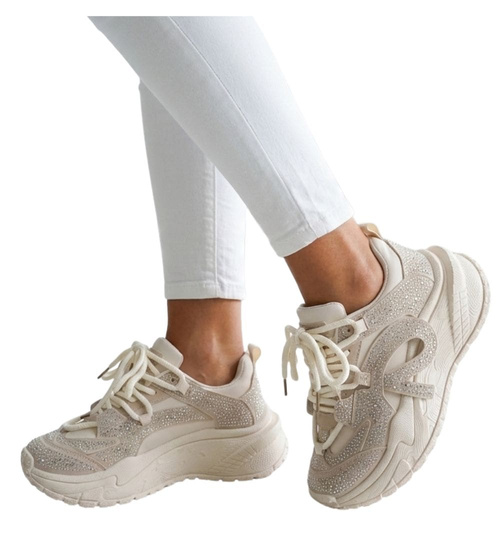 Sznurowane buty sportowe na platformie Beżowe /G3-1 17423 T891/