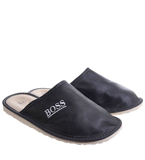 Skórzane kapcie męskie na prezent Boss Szary /E3-1 7890 S197/