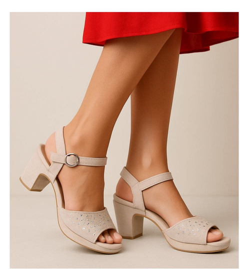 Sandały damskie beżowe na słupku i platformie /C3-3 16076 G189/