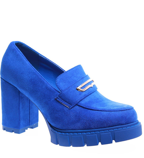 Modne niebieskie czółenka damskie na słupku i platformie /B6-2 15353 S487/