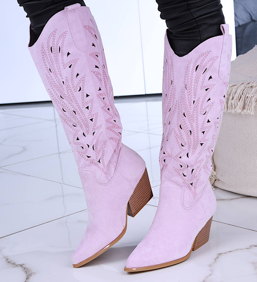 Ażurowe kozaki damskie na obcasie Fioletowe /B1-2 14753 T108/