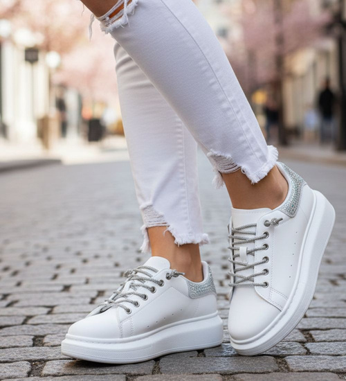 Białe wiosenne trampki damskie na platformie /A6-3 14622 T640/