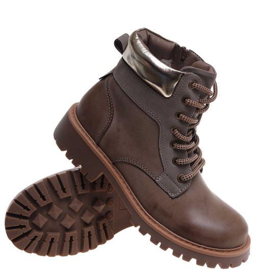 Sznurowane ocieplane botki trapery Khaki /F9-2 18277 W432/