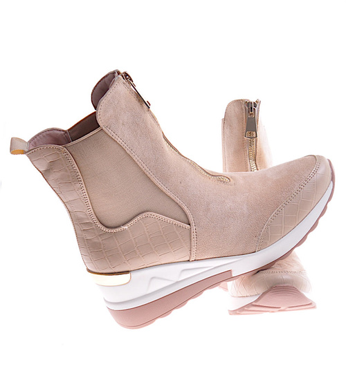 Beżowe botki na koturnie ze skóry ekologicznej /G3-3 12293 T595/