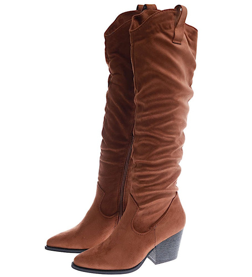 Camelowe kozaki damskie na słupku /F3-2 15002 T633/