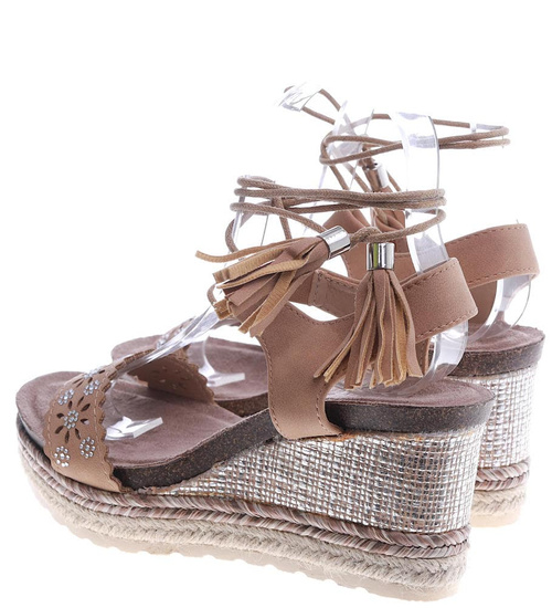 Sandały na koturnie i platformie karmelowe /D8-3 14057 S291/