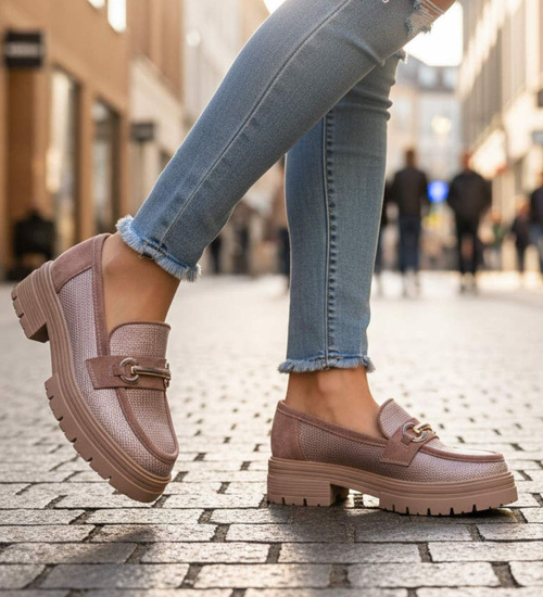 Półbuty loafersy damskie na platformie Khaki /K3-2 18619 W142/