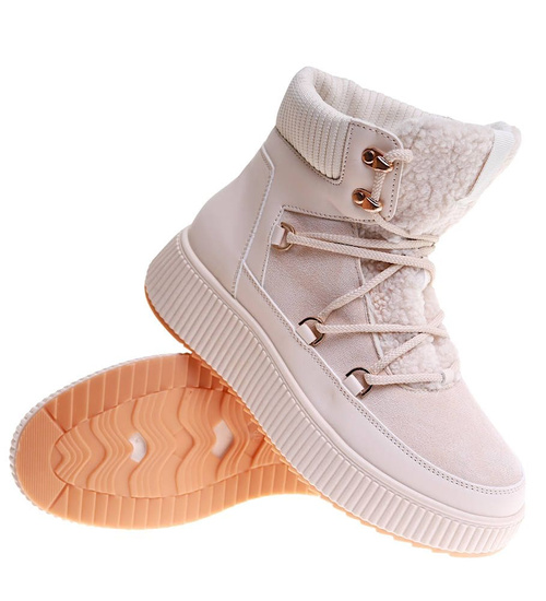 Damskie beżowe śniegowce na platformie /G6-1 17082 G386/