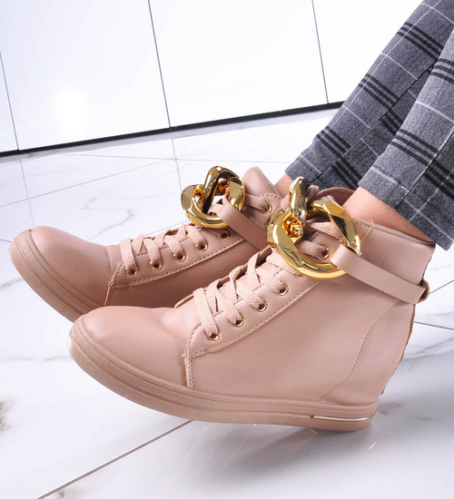 Beżowe sneakersy damskie na koturnie /F7-2 12802 T891/