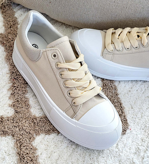 Beżowe damskie trampki sneakersy na platformie /D6-3 14725 T214/