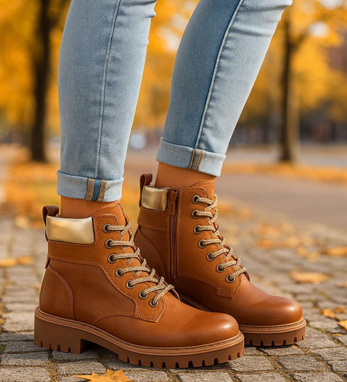 Sznurowane ocieplane botki trapery Karmelowe /E8-2 18266 W432/