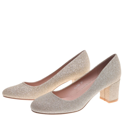 Wizytowe złote czółenka na klocku /G4-2 18634 T357/