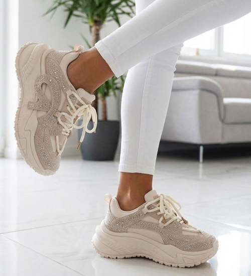 Sznurowane buty sportowe na platformie Beżowe /G3-1 17423 T891/
