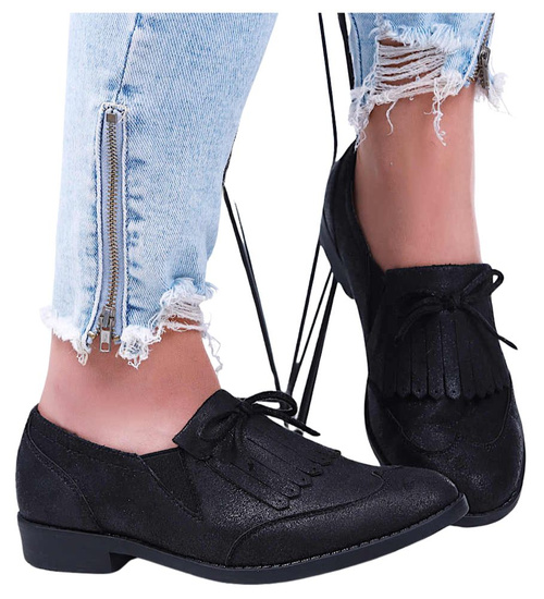 Wsuwane czarne półbuty loafersy damskie /B4-3 15753 T223/