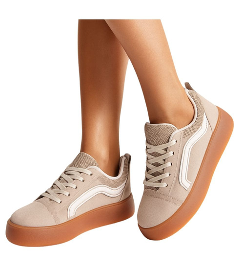 Wiązane trampki damskie na platformie Beżowe /B3-2 17883 T489/