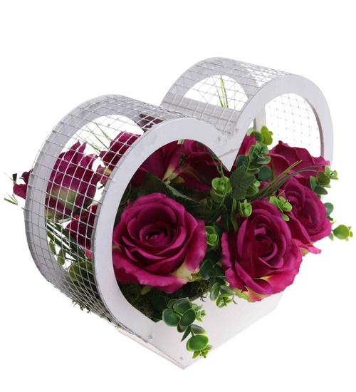 Kompozycja kwiatowa- fioletowe róże w dużym białym sercu /Komp111 P424/
