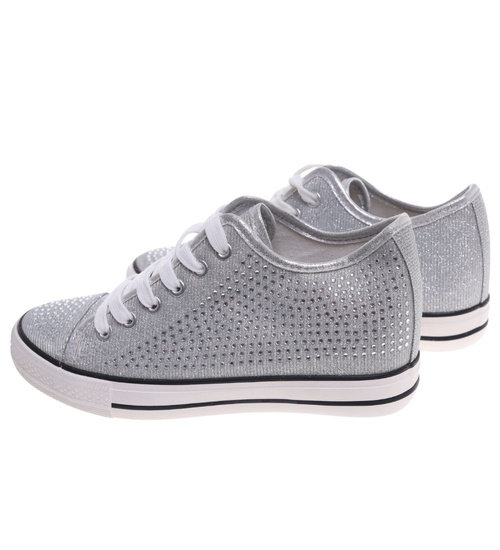 Wiązane srebrne trampki na koturnie ost514