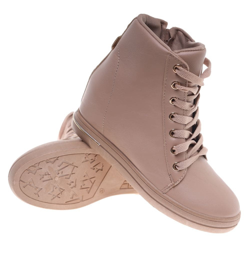 Beżowe sneakersy damskie na koturnie /F7-2 12802 T891/