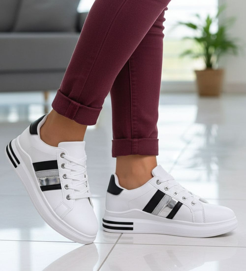 Białe sznurowane damskie trampki z pasami /F2-3 15166 T309/