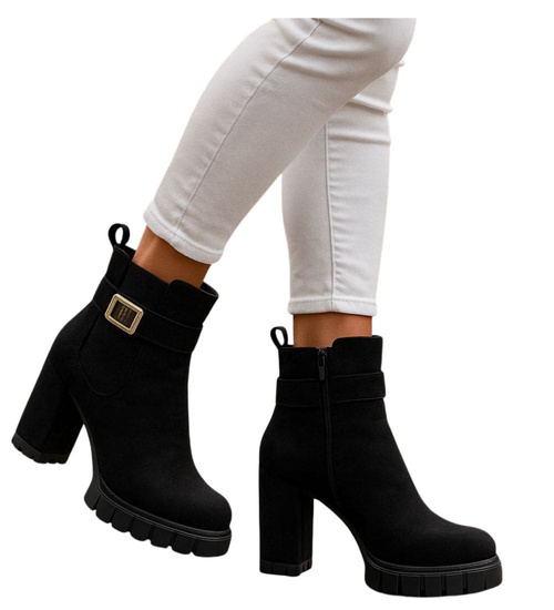 Czarne botki damskie na obcasie słupku /F7-2 18298 T388/