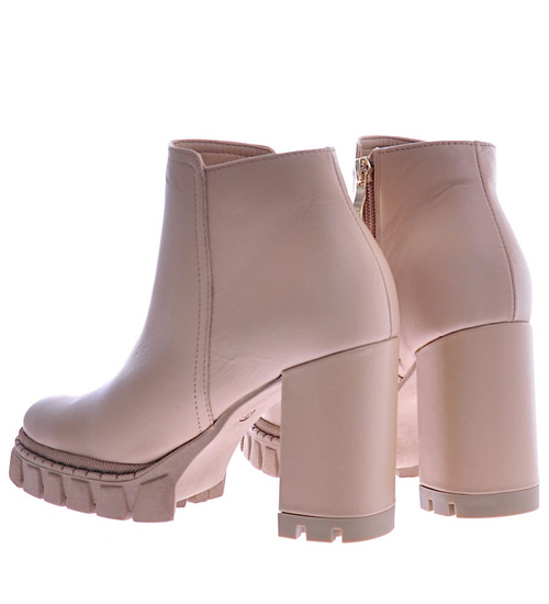 Beżowe skórzane damskie botki na obcasie /A10-3 12659 N0185/