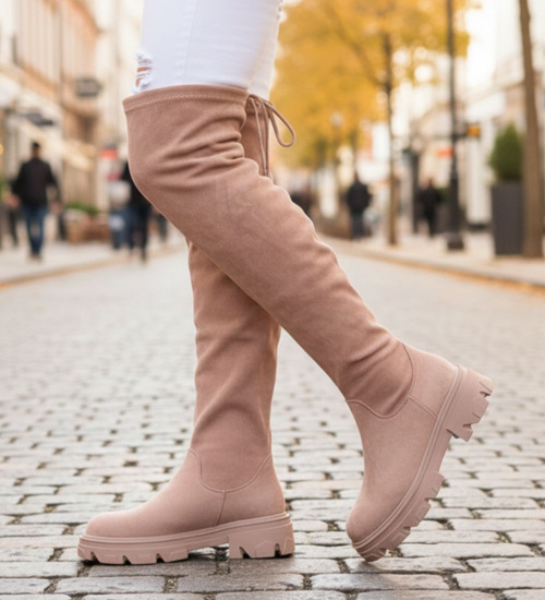 Wysokie zamszowe kozaki z łańcuchem Khaki /A5-1 12724 T707/