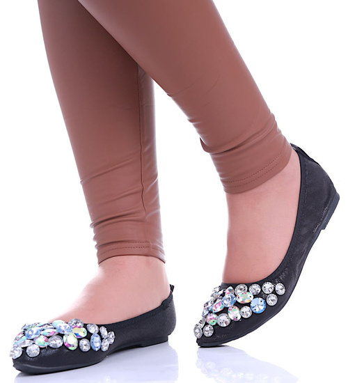 Czarne baletki damskie z kamieniami /G7-2 13043 T595/