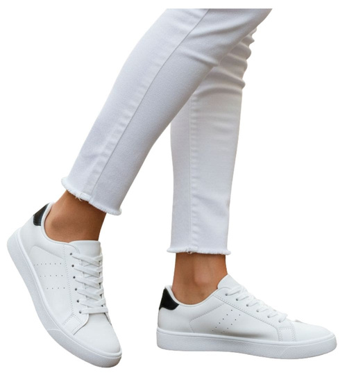 Białe damskie trampki z czarnymi dodatkami /G4-1 16249 T293/