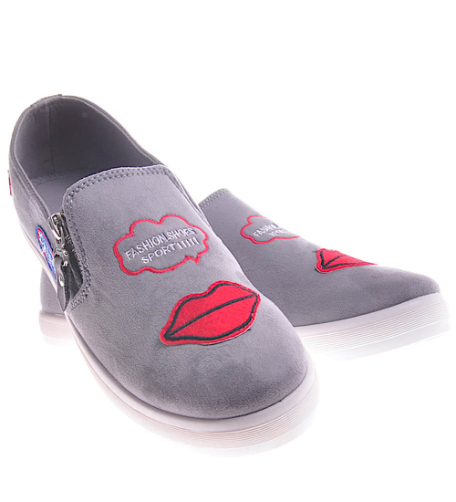 Zamszowe szare trampki slip on z ustami /G12-3 11961 S196/
