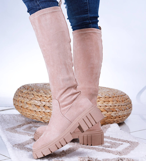 Beżowe kozaki damskie na platformie /E9-2 15217 T592/