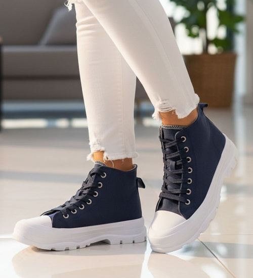 Sznurowane trampki damskie Granatowe  /B1-2 12352 S294/